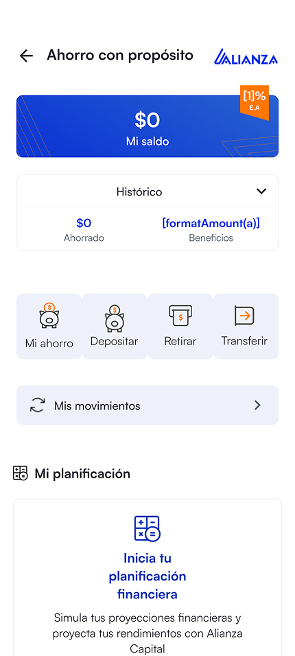 Alianza mobile banking app — savings main page built by Zerocode